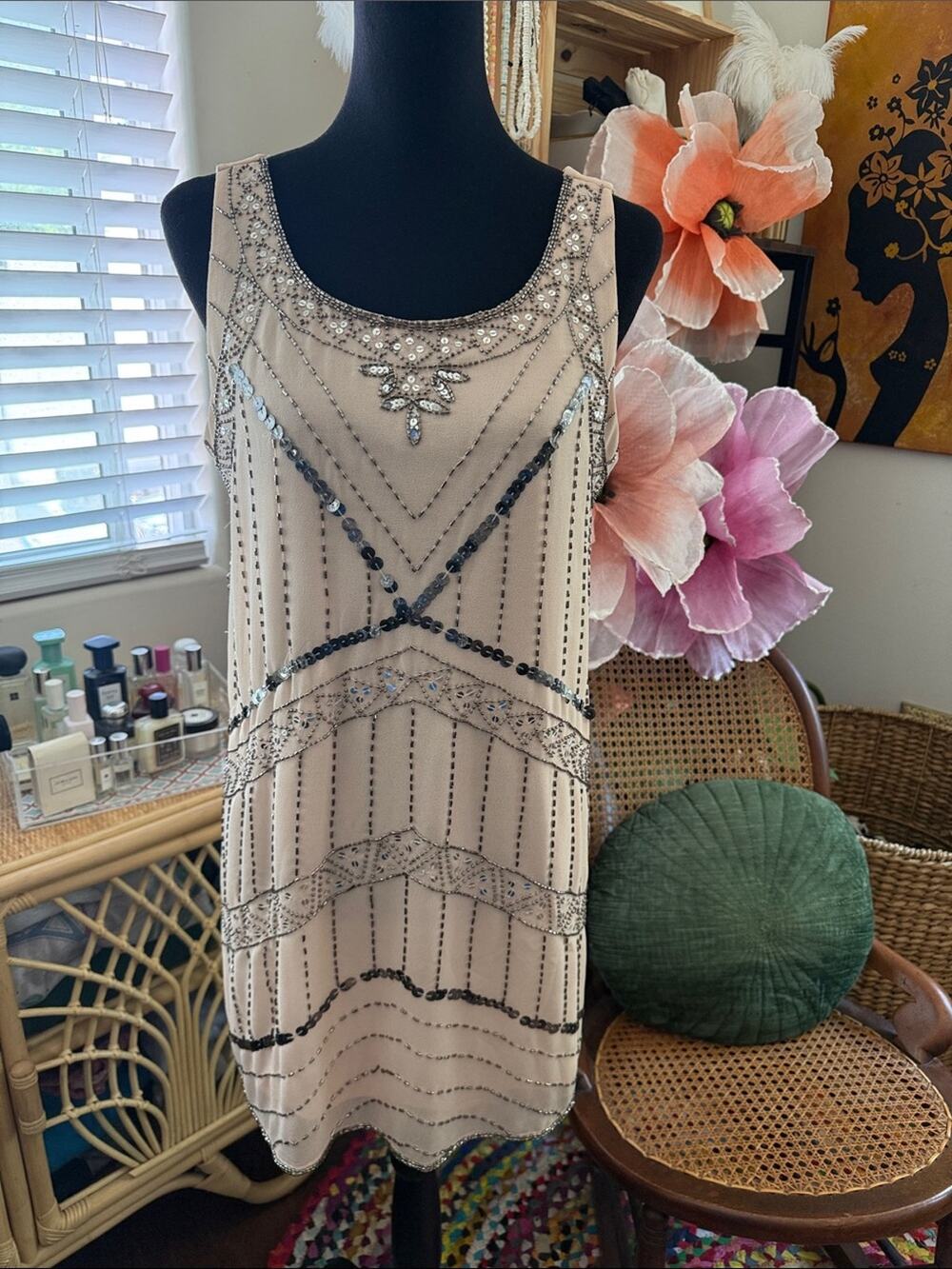 NWT F21 Blush Silver Sequin Open Back Art Deco Flapper Boho Chic Mini Dress